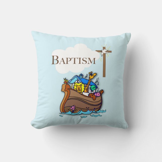 Customisable, Baby Boy Baptism Noah's Ark Cushion (Front)