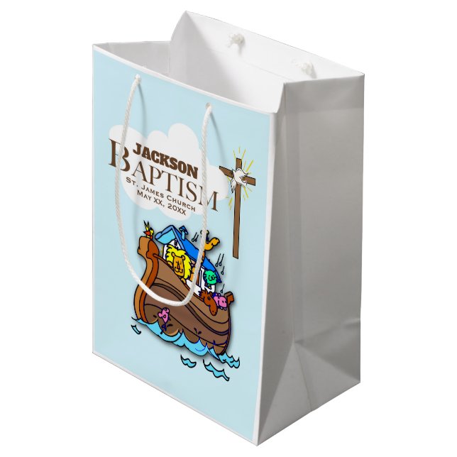 Customisable, Baby Boy Baptism Noah's Ark Medium Gift Bag (Front Angled)