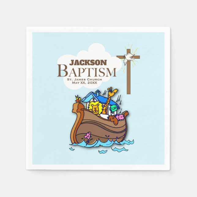 Customisable, Baby Boy Baptism Noah's Ark Napkin (Front)