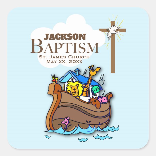 Customisable, Baby Boy Baptism Noah's Ark Square Sticker (Front)