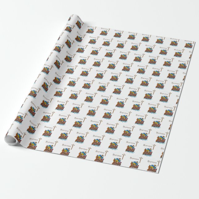Customisable, Baby Boy Baptism Noah's Ark Wrapping Paper (Unrolled)