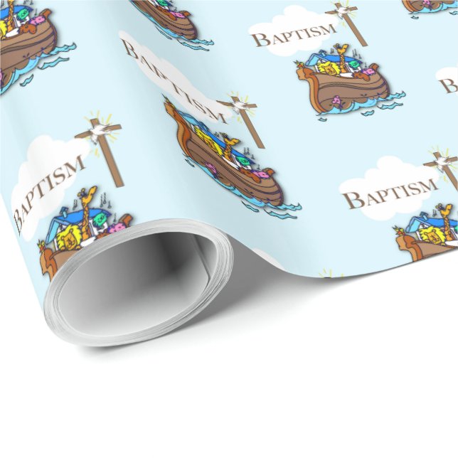 Customisable, Baby Boy Baptism Noah's Ark Wrapping Paper (Roll Corner)