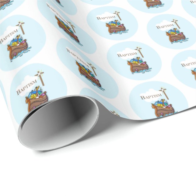 Customisable, Baby Boy Baptism Noah's Ark Wrapping Paper (Roll Corner)