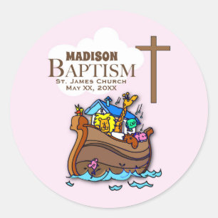 Customisable, Baby Girl Baptism Noah's Ark Classic Round Sticker