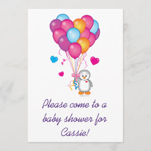 Customisable Baby Shower Penguin with Balloons Invitation