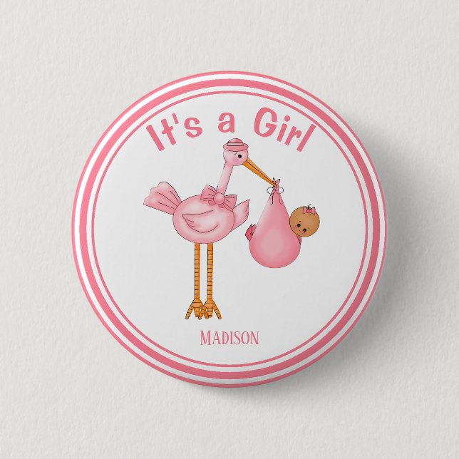 Customisable Baby Shower Stork Baby Girl 6 Cm Round Badge (Front)