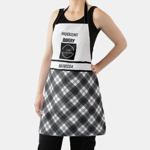 Customisable Bakery logo Black & White Plaid Apron