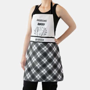 Customisable Bakery Name Black & White plaid Apron