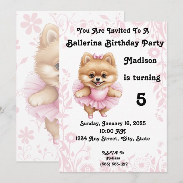 Customisable Ballerina Birthday Invitation 5 x 7 (Front/Back)