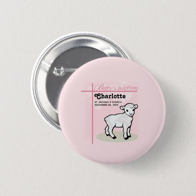 Customisable, Baptism, Pink, Girl, Lamb 6 Cm Round Badge (Front & Back)
