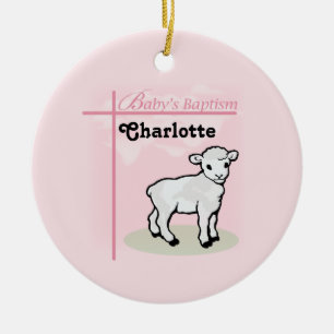 Customisable, Baptism, Pink, Girl, Lamb Ceramic Tree Decoration