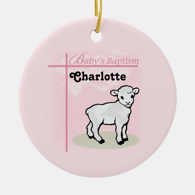 Customisable, Baptism, Pink, Girl, Lamb Ceramic Tree Decoration (Front)