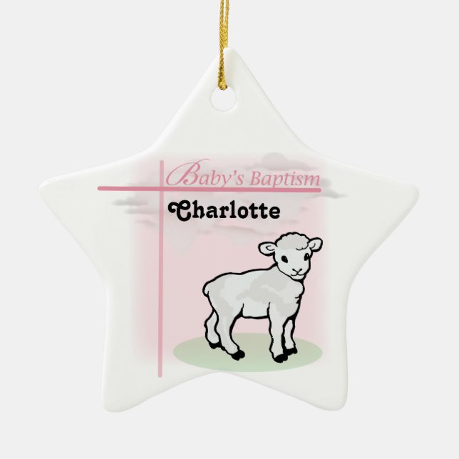 Customisable, Baptism, Pink, Girl, Lamb Ceramic Tree Decoration (Front)