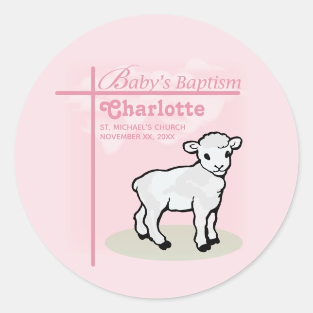 Customisable, Baptism, Pink, Girl, Lamb Classic Round Sticker (Front)