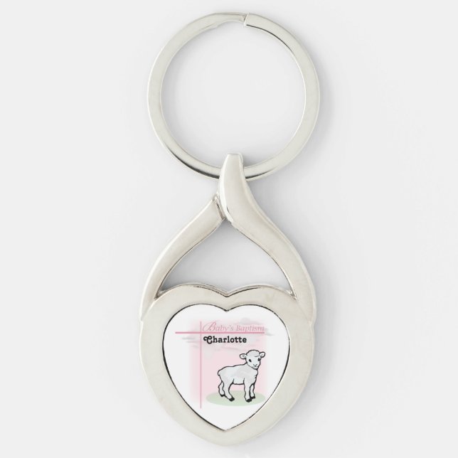 Customisable, Baptism, Pink, Girl, Lamb Key Ring (Front)
