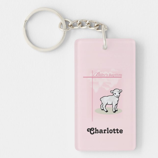Customisable, Baptism, Pink, Girl, Lamb Key Ring (Front)