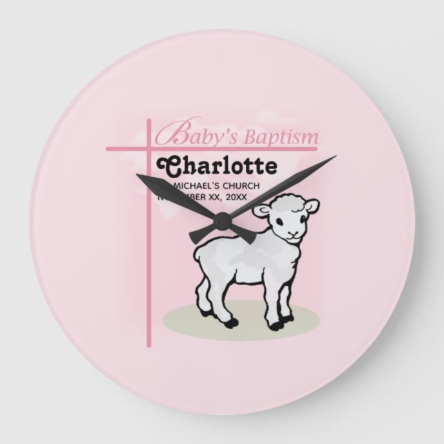 Customisable, Baptism, Pink, Girl, Lamb Large Clock (Front)