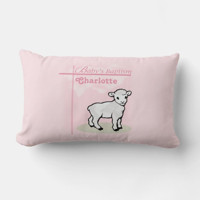 Customisable, Baptism, Pink, Girl, Lamb Lumbar Cushion (Front)