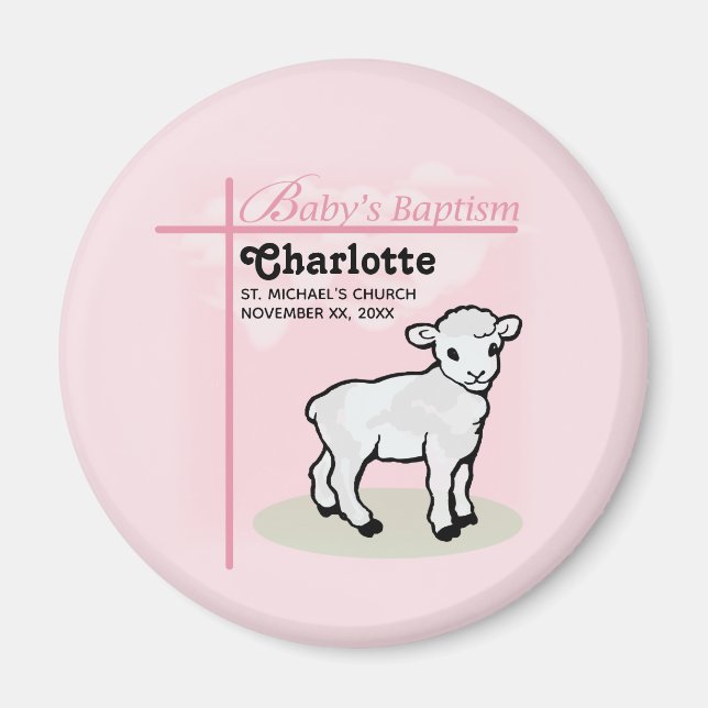 Customisable, Baptism, Pink, Girl, Lamb Magnet (Front)