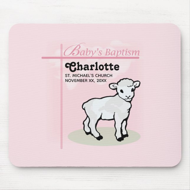Customisable, Baptism, Pink, Girl, Lamb Mouse Mat (Front)