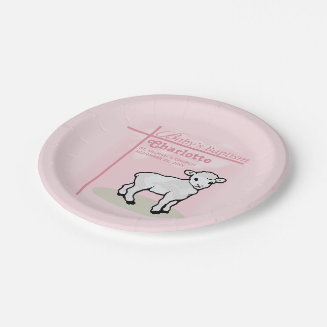 Customisable, Baptism, Pink, Girl, Lamb Paper Plate (Angled)