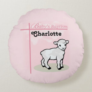Customisable, Baptism, Pink, Girl, Lamb Round Cushion
