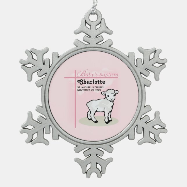 Customisable, Baptism, Pink, Girl, Lamb Snowflake Pewter Christmas Ornament (Front)