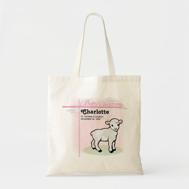 Customisable, Baptism, Pink, Girl, Lamb Tote Bag (Front)