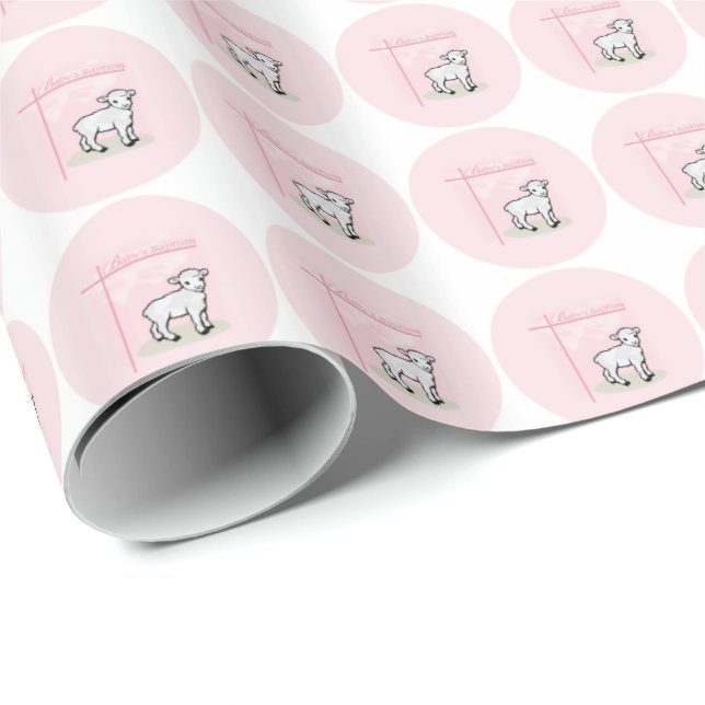 Customisable, Baptism, Pink, Girl, Lamb Wrapping Paper (Roll Corner)