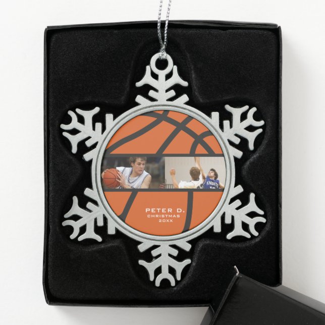 Customisable Basketball Personalised Photo Snowflake Pewter Christmas Ornament (Box)