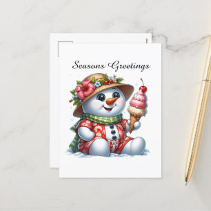 customisable beach Snowman Seasons Greetings Holiday Postcard