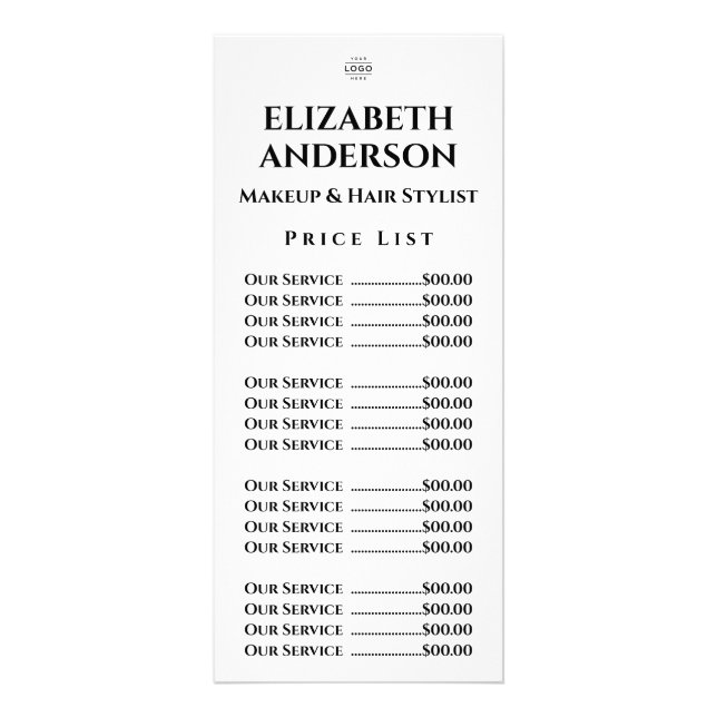 Customisable Beauty Salon Price List Template Rack Card (Front)