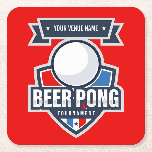 Customisable Beer Pong Tournament Logo Square Paper Coaster (Front)