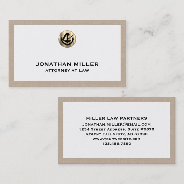 Customisable Beige Linen Attorney Business Card (Front/Back)