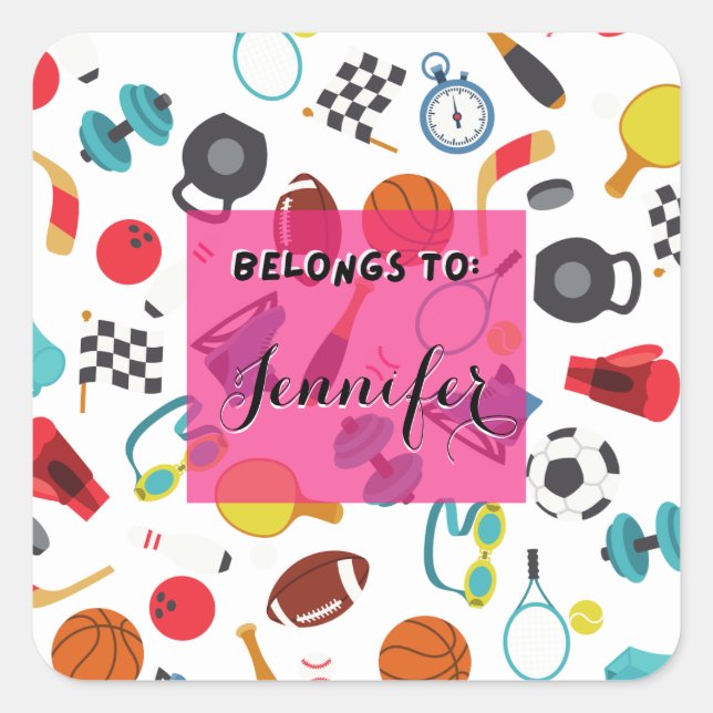 Customisable belongs to children's sports square sticker (Front)