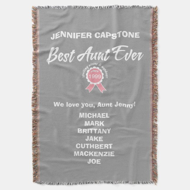 Customisable Best Aunt Ever Pink Ribbon Throw Blanket (Front Vertical)