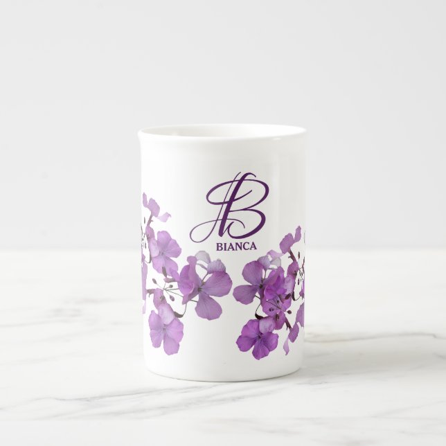 Customisable Bianca name monogram purple floral Bone China Mug (Front)