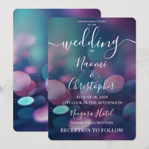 Customisable Big Blue Pink Bokeh Wedding Invitation