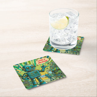 Customisable Birthday boy robot Square Paper Coaster