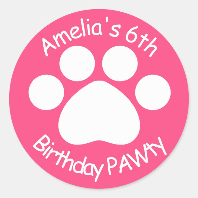 Customisable Birthday PAWty - Pink Classic Round Sticker (Front)