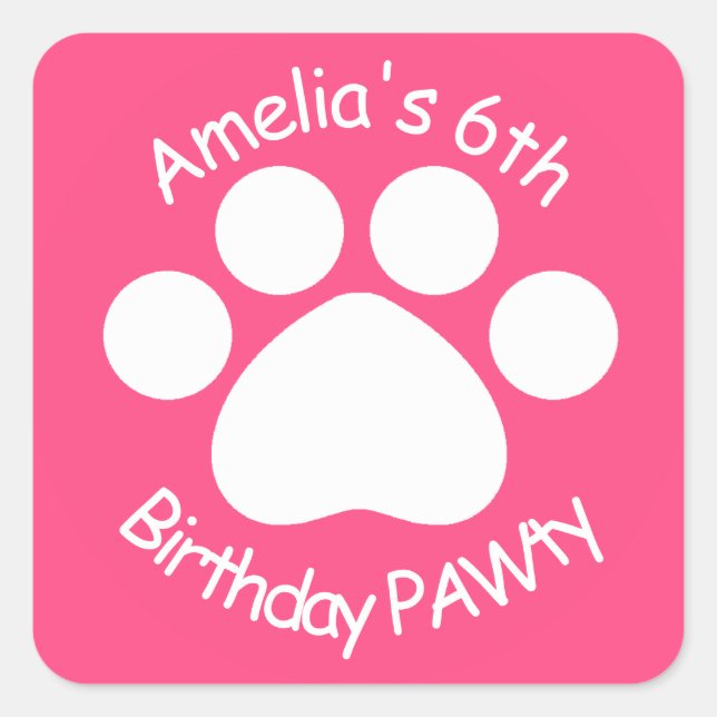 Customisable Birthday PAWty - Pink Square Sticker (Front)