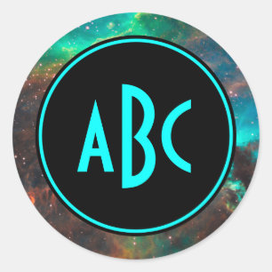 Customisable Black and Aqua Three Letter Monogram Classic Round Sticker