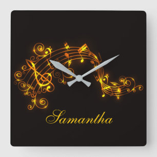 Customisable Black and Gold Swirling Musical Notes Square Wall Clock