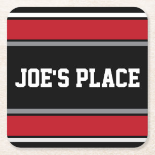 Customisable Black and Red Sports Stripes Square Paper Coaster