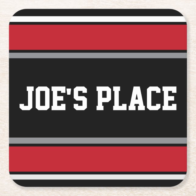 Customisable Black and Red Sports Stripes Square Paper Coaster (Front)