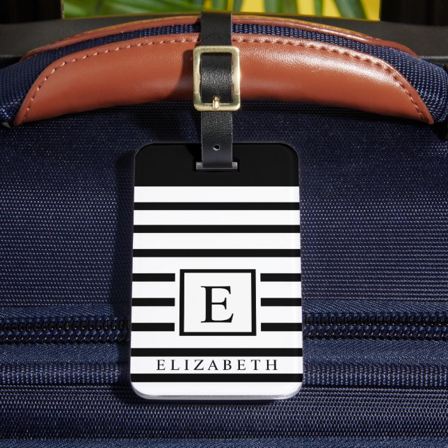 Customisable Black Background White Striped Lines Luggage Tag (Front Insitu 2)