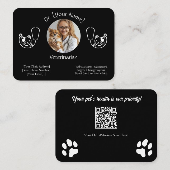 Customisable Black Business Card for Veterinarian (Front/Back)