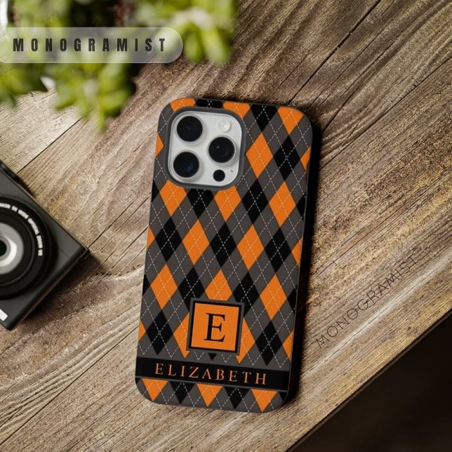 Customisable Black Grey Orange Argyle Pattern iPhone Case (Creator Uploaded)
