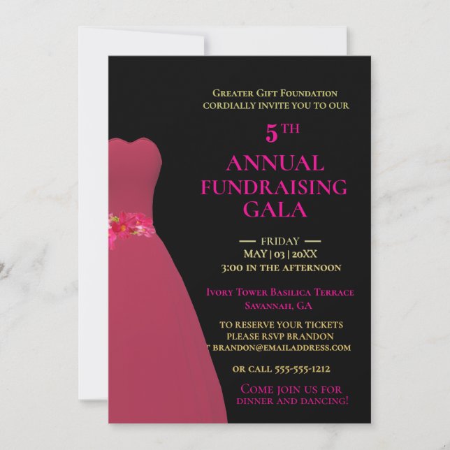 Customisable Black & Pink Annual Fundraising Gala  Invitation (Front)