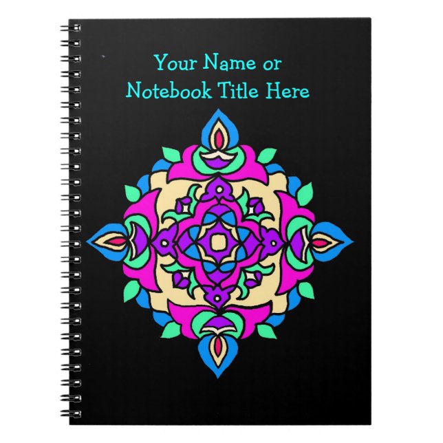Customisable Black Spiral Notebook Rangoli Pattern (Front)